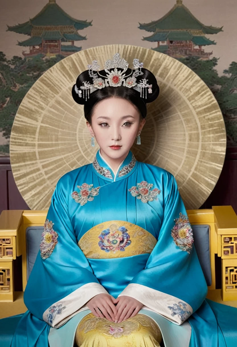 From the pre-Qing period, The Empress is naked on the gold sofa in the palace, Her eyes are wide open, Her legs were spread, big naked breasts. At the Chinese court during the Qing Dynasty, Empress of the Qing Dynasty, Empress of China, Wearing a large crown, Belly and thighs visible from below.。She is completely naked, Showing off gorgeous large flowers and hairpins, She tied her hair up and pulled it up, 背景はEmpress of the Qing Dynastyの豪華な宮殿.