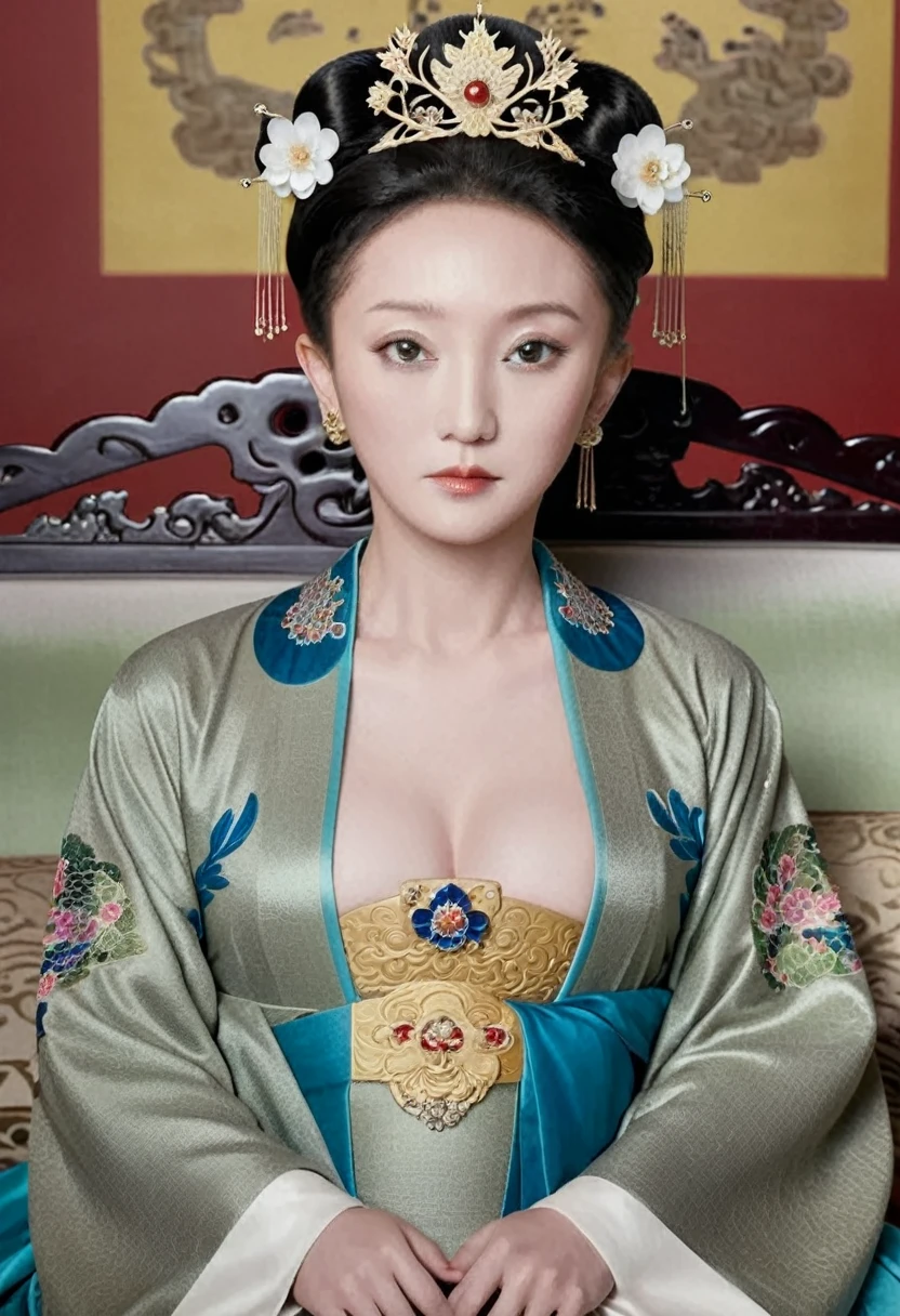 From the pre-Qing period, The Empress is naked on the gold sofa in the palace, Her eyes are wide open, Her legs were spread, big naked breasts. At the Chinese court during the Qing Dynasty, Empress of the Qing Dynasty, Empress of China, Wearing a large crown, Belly and thighs visible from below.。She is completely naked, Showing off gorgeous large flowers and hairpins, She tied her hair up and pulled it up, 背景はEmpress of the Qing Dynastyの豪華な宮殿.