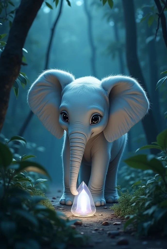 

"A  white elephant with big, innocent eyes is in a jungle setting. The elephant is staring at a shiny, glowing object that has caught its attention. The light from the object is so bright that it dazzles the elephant, causing its eyes to squint in surprise. The elephant's expression is a mix of wonder and slight discomfort as its eyes are overwhelmed by the brightness. The jungle around is dim, making the glowing object stand out even more, casting a magical glow on the scene."

