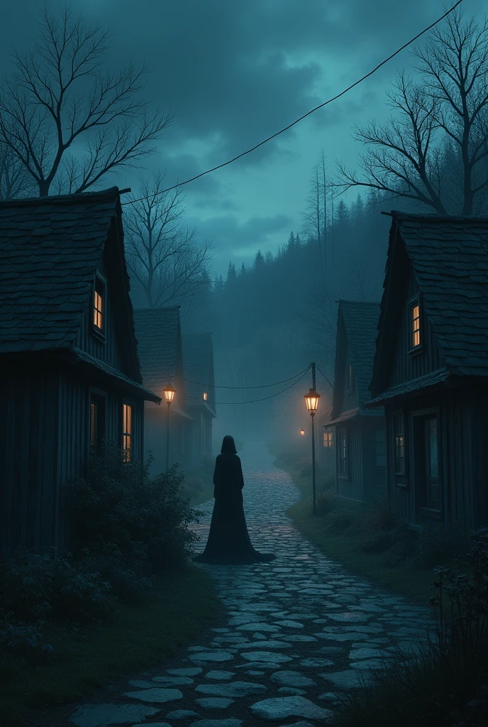  "A haunting scene of the village at dusk. Strange shadows and eerie lights flicker around the homes of the three men. The air is thick with an ominous presence, as if the village itself is holding its breath. In the distance, the figure of the princess, now with a determined and vengeful expression, watches from the shadows."