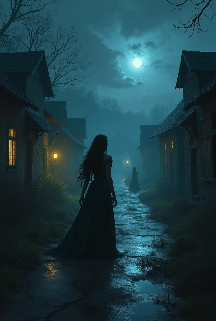  "A haunting scene of the village at dusk. Strange shadows and eerie lights flicker around the homes of the three men. The air is thick with an ominous presence, as if the village itself is holding its breath. In the distance, the figure of the princess, now with a determined and vengeful expression, watches from the shadows."