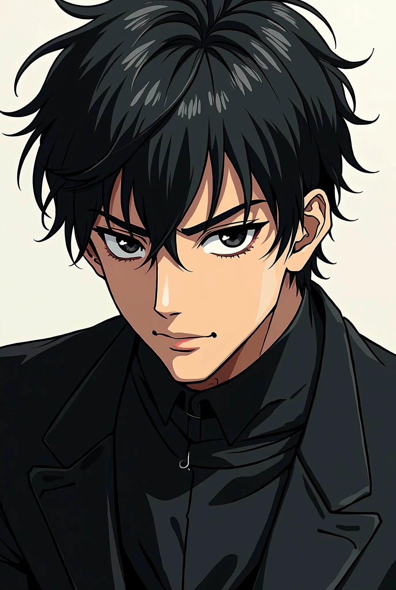 A man with messy black hair, mature face, mole under his left eye, eyes with dark pupils (completely) wearing a black suit. make anime style