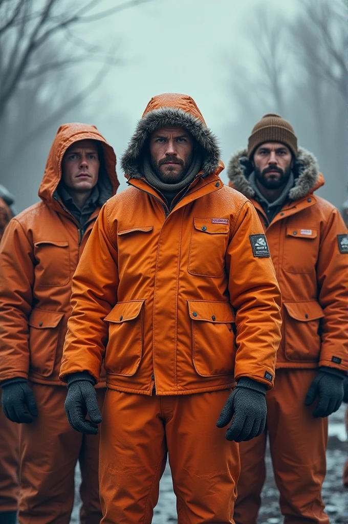 three man, one with a hood, everyone in orange winter clothes.