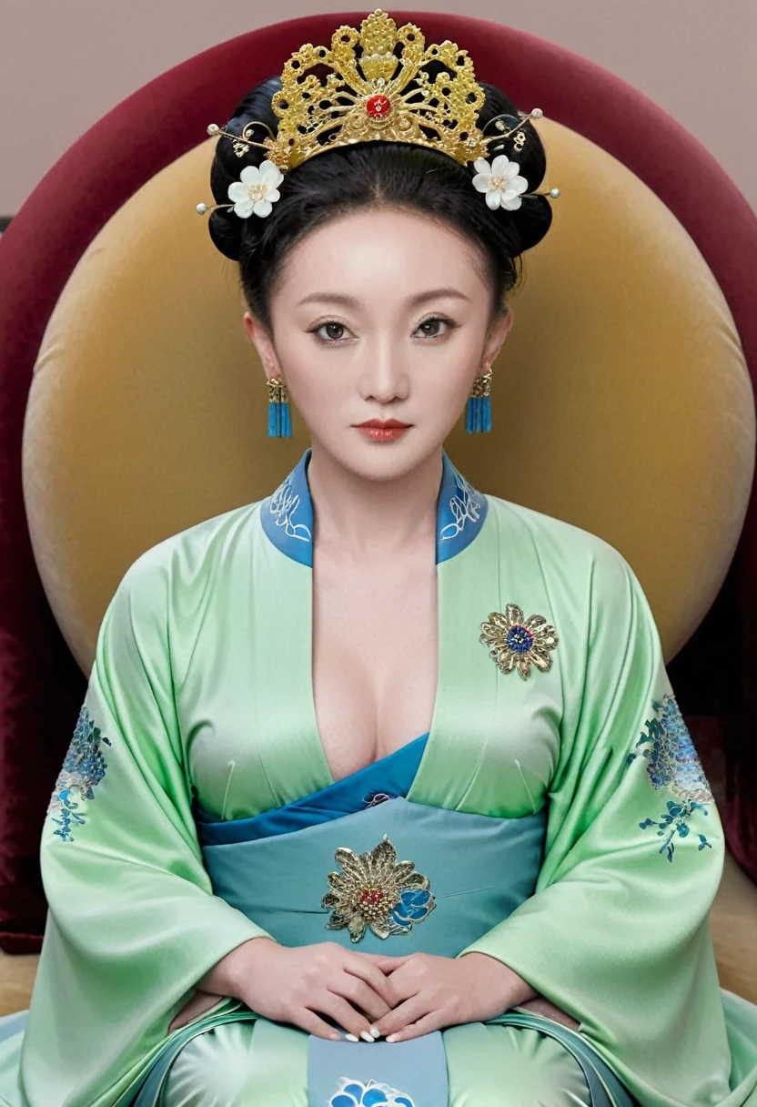 From the pre-Qing period, The Empress is naked on the gold sofa in the palace, Her eyes are wide open, Her legs were spread, big naked breasts. At the Chinese court during the Qing Dynasty, Empress of the Qing Dynasty, Empress of China, Wearing a large crown, Belly and thighs visible from below.。She is completely naked, Showing off gorgeous large flowers and hairpins, She tied her hair up and pulled it up, 背景はEmpress of the Qing Dynastyの豪華な宮殿.