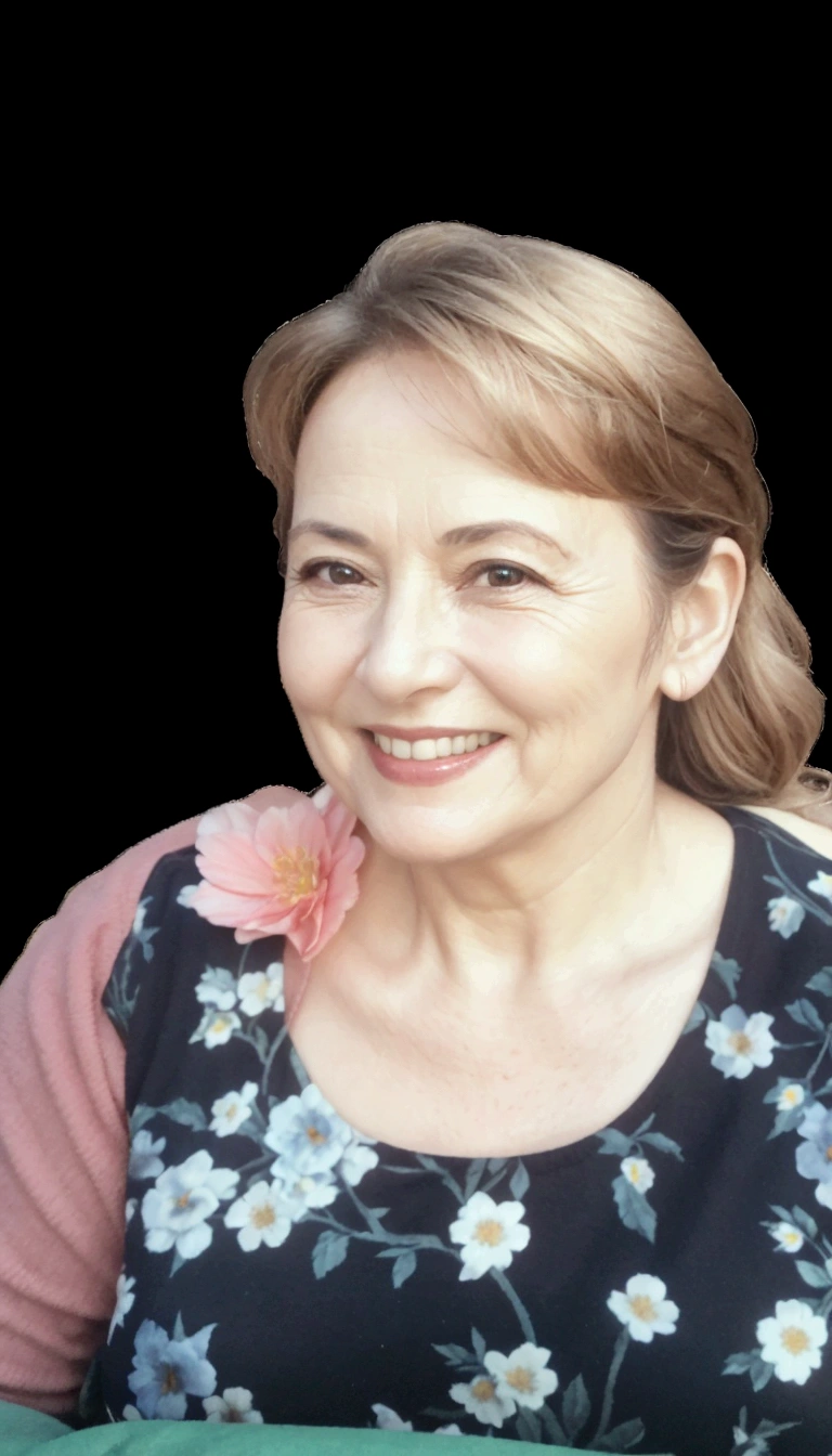 a 50 year old woman, posing fror a picture, profile image, She is sitting in a garden with flowers., and smiling.