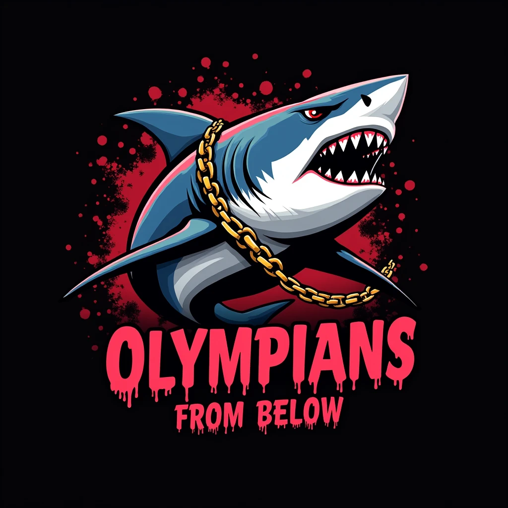 Please create a pink, bloodthirsty shark in a logo style for use as a team flag., put a golden chain on the shark. Black background and lots of blood, Also write the text: O limpians from below the painting in bloody letters