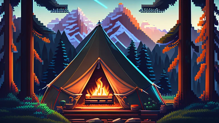 camp in the forest, mountains in the background, fireplace, Meia-noite, pixel art