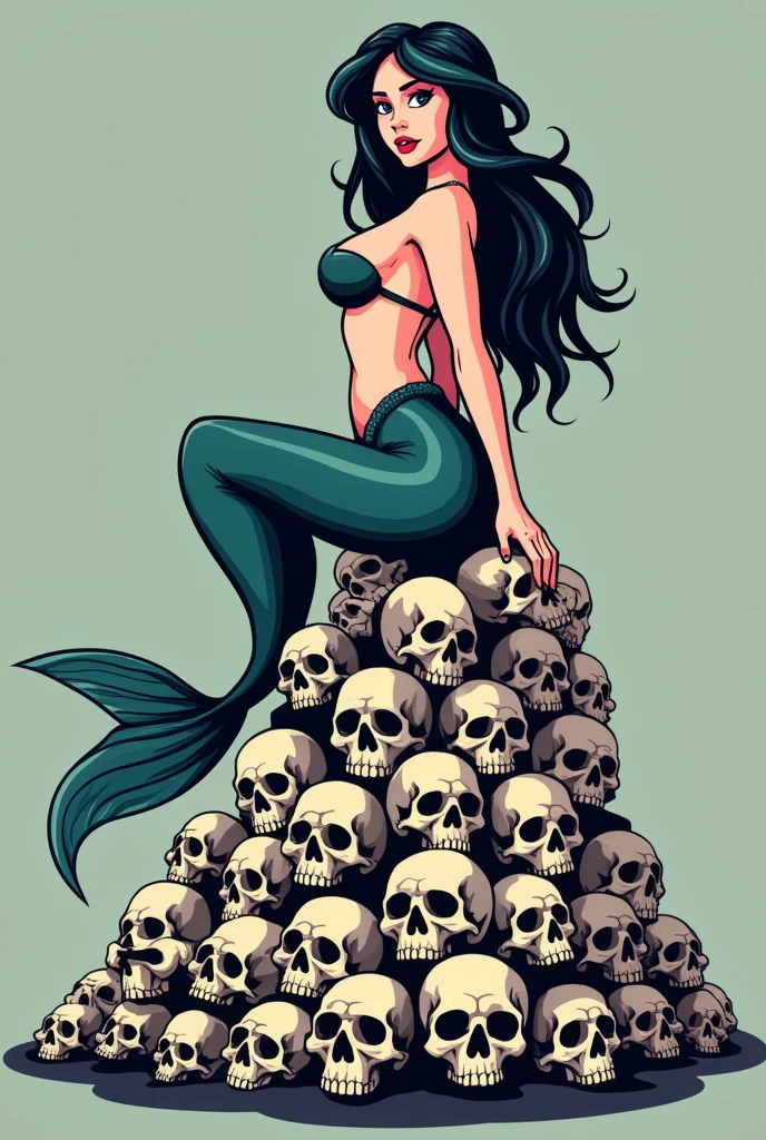 flat vector logo of a sexy voluptuous mermaid. She is sitting on top of a mountain of skulls and bones. she is smiling tempting evil