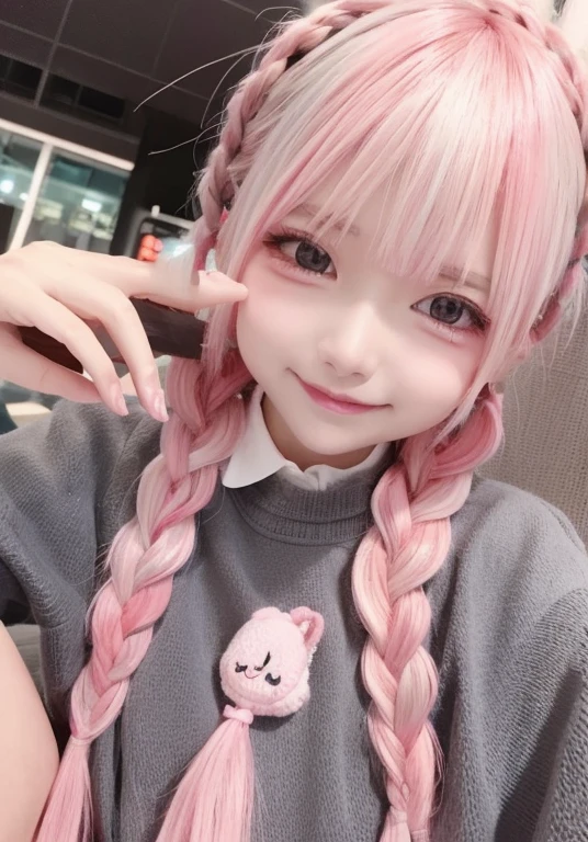 High level of image quality、长发白裙的Anime Girl摆姿势拍照、Shibuya Crossing、Close-up shot、(a smile:1.5)、Sayori, Anime visuals of cute girls, Anime cute art style,  Wear, 穿白色连衣裙的Anime Girl, 漂亮的Anime Girl, (Anime Girl), 可爱的Anime Girl, Wear漂亮裙子的可爱Anime Girl, 迷人的Anime Girl, 美丽的Anime Girl, return, Smooth anime CG art、(Pink Hair), Ear hair, small , Single Braid, (Single Braid), (Side braids)