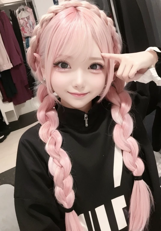 High level of image quality、长发白裙的Anime Girl摆姿势拍照、Shibuya Crossing、Close-up shot、(a smile:1.5)、Sayori, Anime visuals of cute girls, Anime cute art style, Wear, 穿白色连衣裙的Anime Girl, 漂亮的Anime Girl, (Anime Girl), 可爱的Anime Girl, Wear漂亮裙子的可爱Anime Girl, 迷人的Anime Girl, 美丽的Anime Girl, return, Smooth anime CG art、(Pink Hair), Ear hair, small , Single Braid, (Single Braid), (Side braids)