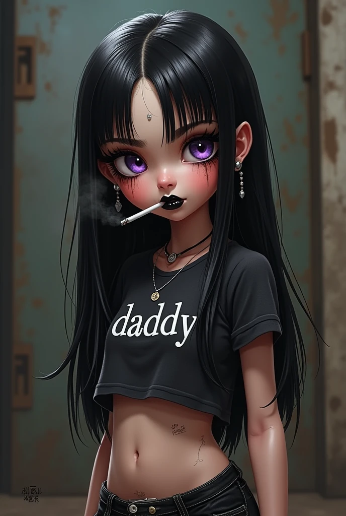 1 female child, no breasts, tiny waist, medium butt, wearing tight t-shirt saying daddy, midriff showing , wearing edgy goth clothes , black hair, long hair, straight hair, exposed forehead, light purple eyes, wearing black boots, multiple ear piercings, nipple piercing, earrings, tongue piercing, belly button piercing, heavy eyeliner smudged from crying, black lipstick, luscious eyelashes, long eyelashes, holding cigarette in mouth smoking it