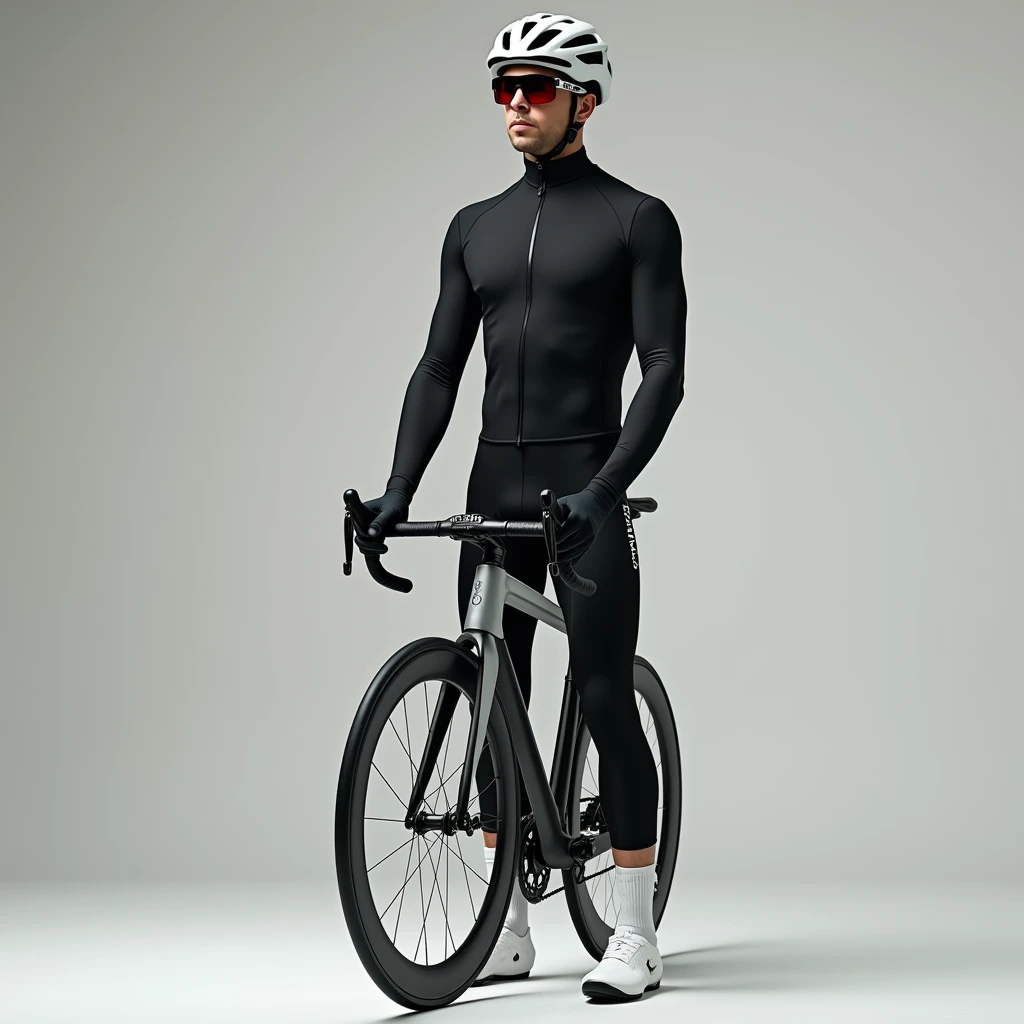 Best image quality, Great details, Ultra-high resolution, (realism: 1.4),photograph,1 male,(Cool pose:1.1025),cyclist,Bodysuits,Black long tights,Long sleeve,White Binding Shoes,White Cycling Helmet,White long socks,Cycling Sunglasses,gloves