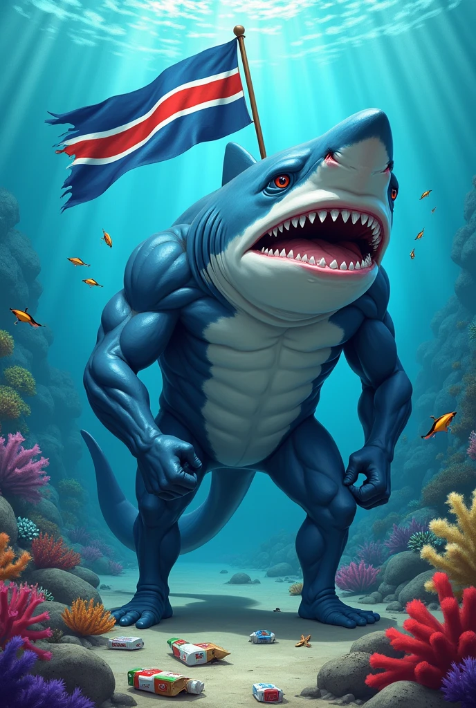 Create a shark as the mascot for the Olympics with legs and arms, collecting garbage from the bottom of the sea and holding a Cook Islands flag, Don't make it cartoonish