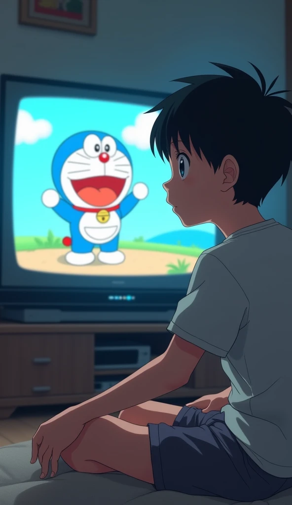 18 YEARS OLD ANIME BOY WATCHING DOREMON CARTOON ON TV