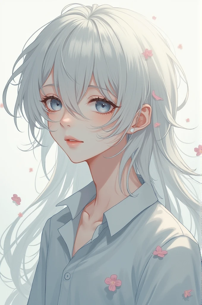 An anime boy with long white hair