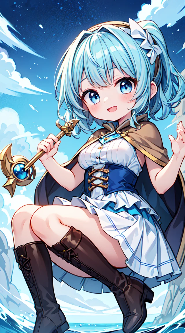 Fantasy,((Masterpiece)),((high resolution)),((Best Quality)),Anime illustration,((1girl)),(wavy hair),(short hair),(pale blue hair color),small ponytail,headband,Indigo eyes,(Big round eyes),(tareme),(child),,((baby face)),((very big breasts)),Short stature,Young,(loli),,ice wizard,sleeveless white blouse,Blue mini skirt,slit,Brown corset,brown capelet,smile,,Brown long boots,wizard's wand with blue gem,