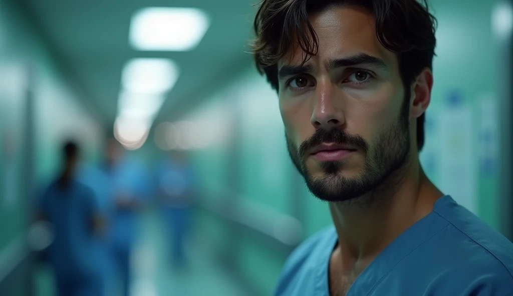 Portrait of a 35-year-old adult man with a youthful appearance, with himself as the main subject. He should have short, slightly wavy dark brown hair and a sparse beard evenly distributed across his face, as well as a serious, worried expression, looking directly at the camera. He is in an indoor environment, suggesting a hospital corridor, with cool artificial lighting, creating a soft effect that creates diffuse shadows that highlight the texture of the skin and the brightness of the eyes, as well as emphasizing the angular features of the face. The background should be wide and blurred, giving a tone of depth, focusing on the main subject, and should suggest movement of people and doctors, with points of light in a bokeh effect, suggesting the hospital's lights and fixtures. The image should convey an introspective feeling, with a touch of mystery and contemplation. The photograph should capture extreme detail, with high-quality rendering in 8k, while maintaining the serene and enigmatic atmosphere. High quality photography, 8k rendering, extreme detail, realistic portrait, introspective atmosphere, soft and diffused lighting, natural light.