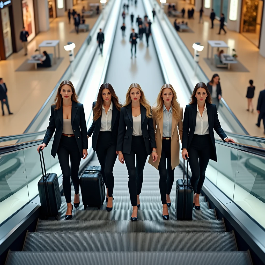 hyperealistic photo, A full body shot of five beautiful women, smiling, walking down an escalator at an shoppingcenter, with luggage in hand, wearing business casual , in the style of high resolution photography, in the style of high quality photo realistic images. detailed faces, 8k