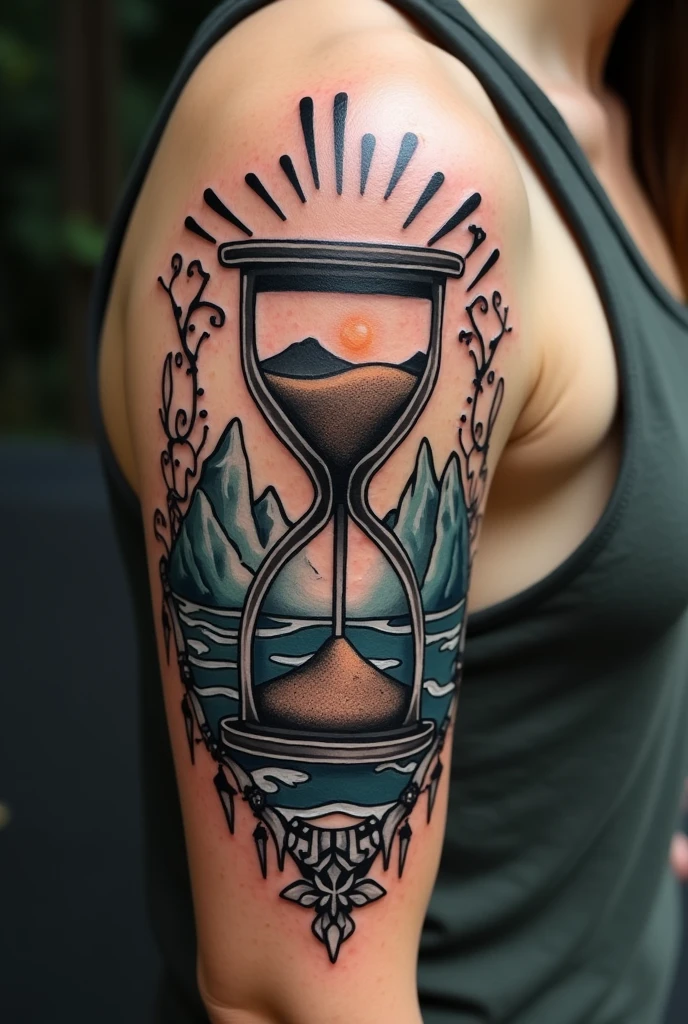 A tattoo with an hourglass mountains waves and then the Roman numerals of 3 people