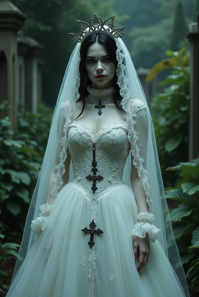 Imagine a pale-skinned vampire with black hair and dark eyes, wearing a white wedding dress accessorized with silver or black Victorian-style crucifixes, similar to the detailed veil of death, in a cemetery with many plants under excellent lighting.