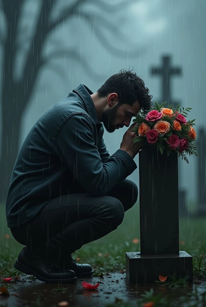 The man cried on the tombstone of a girl who was buried there. He laid his head on the tombstone, holding a beautiful bouquet of flowers, in the rainy weather.