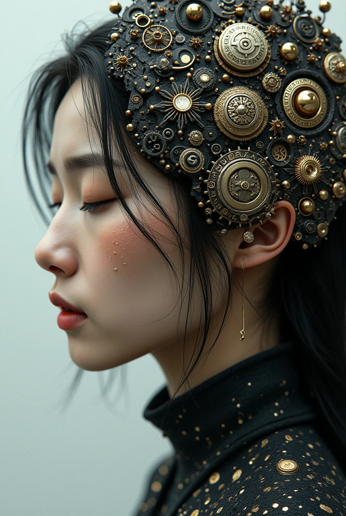 A mesmerizing digital art piece by artist Supersy, featuring an abstract, close-up angled profile of a corean woman. Her eyes are closed, lost in a moment of introspection, while the seamless repetitive ancient symbols and codes adorn her skin. The silhouette of her face is partially filled with a complex, elegant arrangement of intricate gears and mechanical elements. Shimmering metallic reflections of white gold and silver create a striking contrast against the matt gloss finish, blending the organic with the technical. The breathtaking aesthetic captures the essence of dark fantasy, making it a beautiful and captivating piece of art, perfect for a poster, illustration, or photo., painting, photo, cinematic, dark fantasy, product, illustration