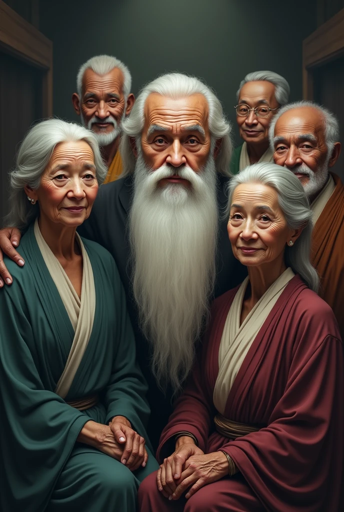 Seven wise elders, representing different ethnicities, are arranged in a harmonious semicircle. Three of these wise men are elderly women, while among men, One is black and the other Asian with a slight smile on their face. Their serene expressions reflect the deep wisdom acquired throughout their lives. At the center, a man with a mysterious and charming appearance stands out, his long, well-groomed white beard and his face marked by wrinkles that tell stories of vast knowledge. Her clear eyes emanate an almost mystical serenity, as if they were hiding the secrets of the universe. All are dressed in simple robes, mas elegantes, that accentuate its aura of mystery and wisdom. The background is enigmatic, evoking an atmosphere of mystery and depth, suggesting a place where ancestral knowledge is carefully preserved and transmitted.
Remember that there should be seven characters