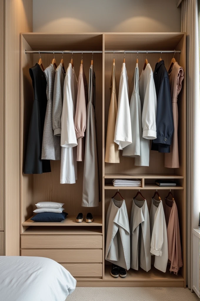 Closet for dresses, shirts and pants hanging with shoe rack in a small space 