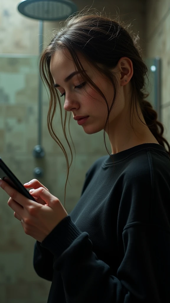 (work of art, photorrealistic:1.4, extremely complex:1.3, radiosity, photon mapping, dtx, 8k), ((((in cellphone, send a message,  closeup, black sweatshirt, humid, [medium breasts:breasts big:0.8])), humid, [skin-detail:freckles:0.7], naturals, female supermodel, age 26), dirty bathroom, ((stone shower, glass shower, to clean)))
