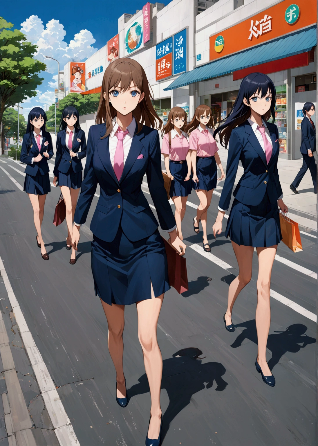 realistic anime illustration of female business students, they are walking across the road to shopping mall, they wear navy-blue blazers, pink shirts, navy-blue neckties, navy-blue skirts, and black cutshoes, (girls, solo,full body), (masterpiece, best quality, japanese anime style), (expressive eyes, perfect face)