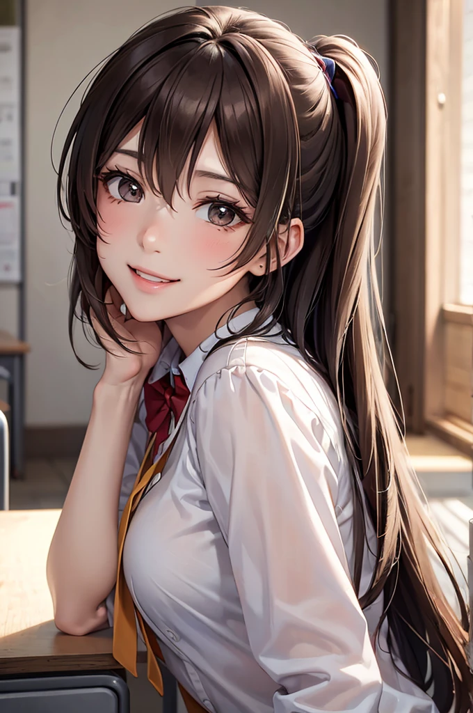 Best Quality,High resolution,8k,finelity detailed background,Masterpiece:1.2),beautiful girl,Shiny brown hair,messy hair,Brown eyes,Gentle look,A refreshing look,smile,Best quality,Best Quality,Aesthetic and aesthetic:1.2,Best details((Super detailed))(High-definition CG illustrations),summer uniform,Slender body,School,In the classroom,smile,blush,cute,Scrounge,Looking up,Being spoiled,super model