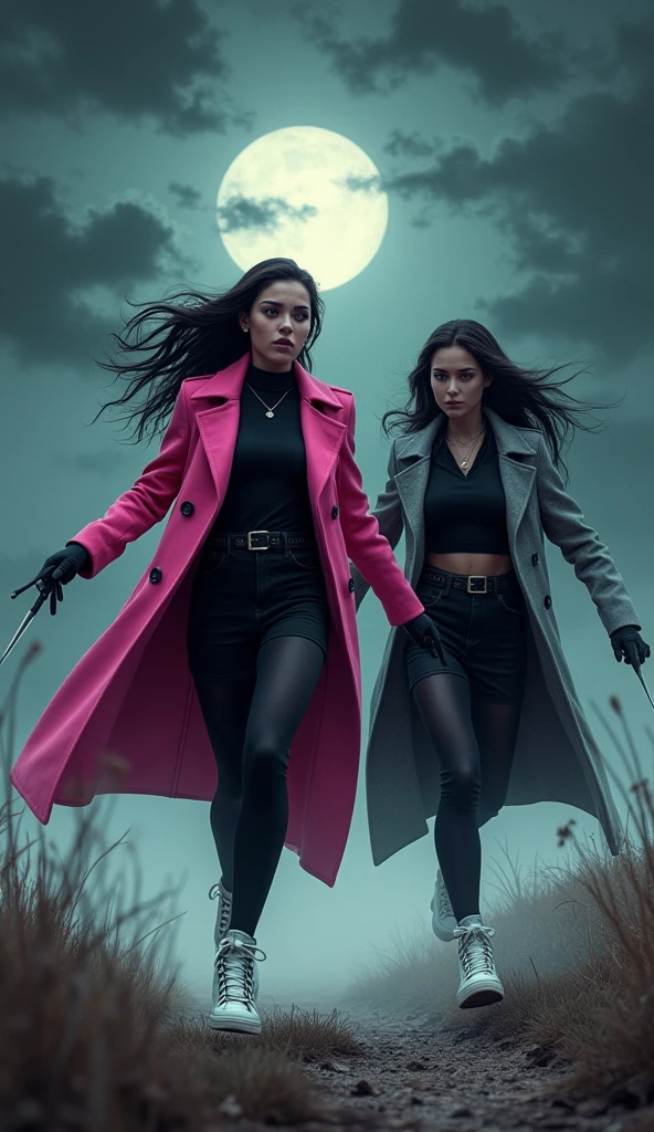 (Two young womens, long black hairs, yuri, Vampire Hunters
The first young women black eyes wear a pink long coat, black shirt, black pencil skirt, black underpants, black tights, black gloves, white sneakers high top.
The second young women black eyes wore a grey long coat, black shirt, black pencil skirt, black underpants, black tights, black gloves, white sneakers high top.
holding a pistol handguns, running, black grey sky, fantastic night sky, moon, cartoon novel, 4K, HD