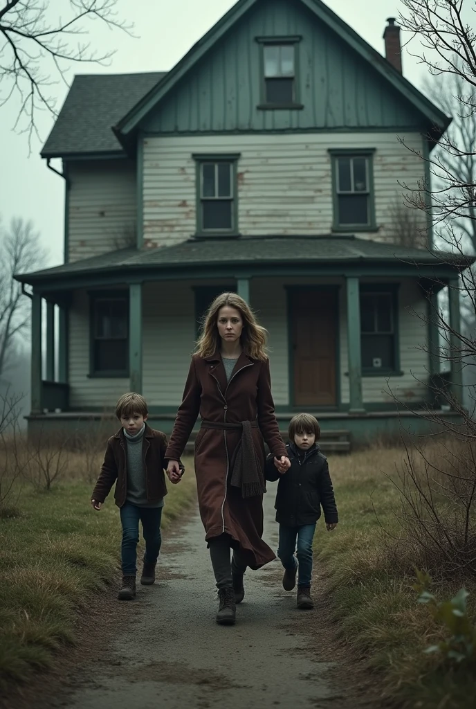 Old house and a lady with his two children's they getting out of house because they afaired because jewish getting try to kill them