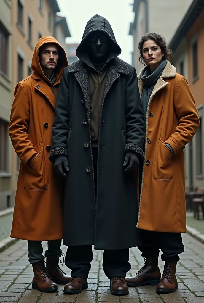 three man, one with a hood and mask and the others without, all wearing orange-ish winter clothes in a normal courtyard