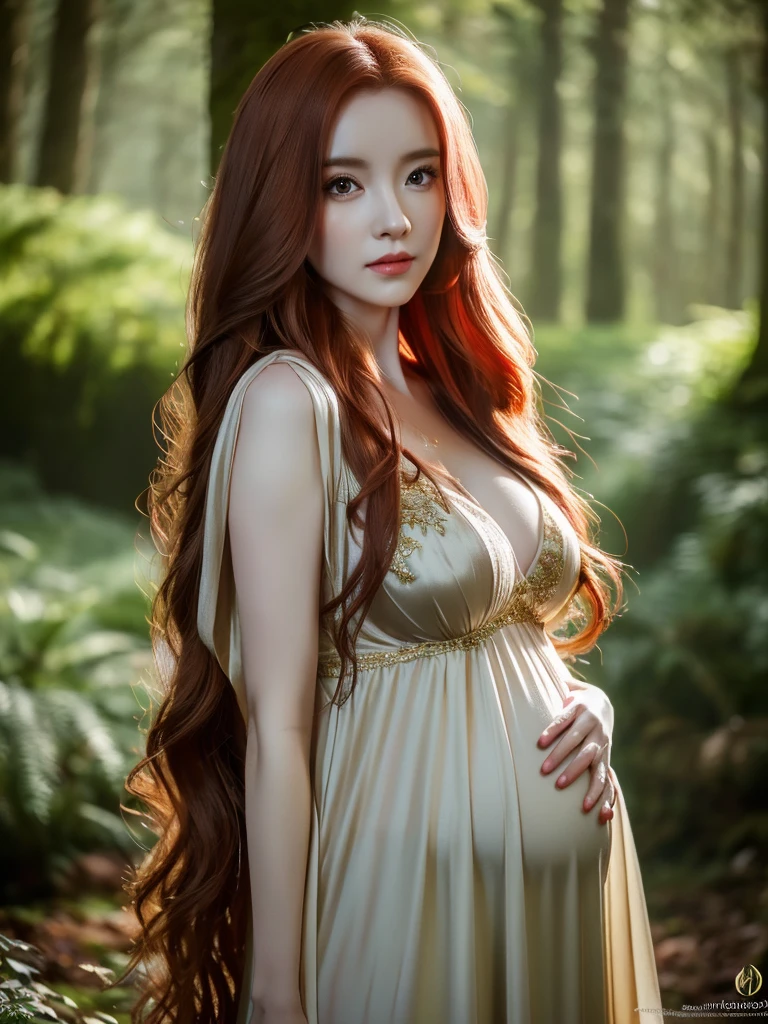 a beautiful redheaded pregnant asian girl, long very very very extremely silky hair, elegant elf dress, dense forest, no sunlight, detailed face and eyes, very big tits (best quality,4k,8k,highres,masterpiece:1.2),ultra-detailed,(realistic,photorealistic,photo-realistic:1.37),magical fantasy atmosphere,fantasy,concept art