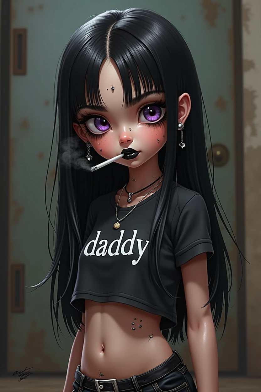 1 female child, no breasts, tiny waist, medium butt, wearing tight t-shirt saying daddy, midriff showing , wearing edgy goth clothes , black hair, long hair, straight hair, exposed forehead, light purple eyes, wearing black boots, multiple ear piercings, nipple piercing, earrings, tongue piercing, belly button piercing, heavy eyeliner smudged from crying, black lipstick, luscious eyelashes, long eyelashes, holding cigarette in mouth smoking it
