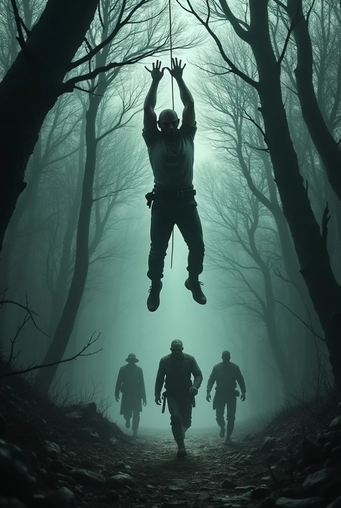 "Three separate images depicting the grim fates of the men: (1) A hunter is found hanging from a tree, his face twisted in horror. (2) A merchant lies lifeless amidst spoiled goods, his eyes wide open in terror. (3) The last man, an ex-soldier, is seen running through the forest, pursued by ghostly figures, his face etched with panic."
