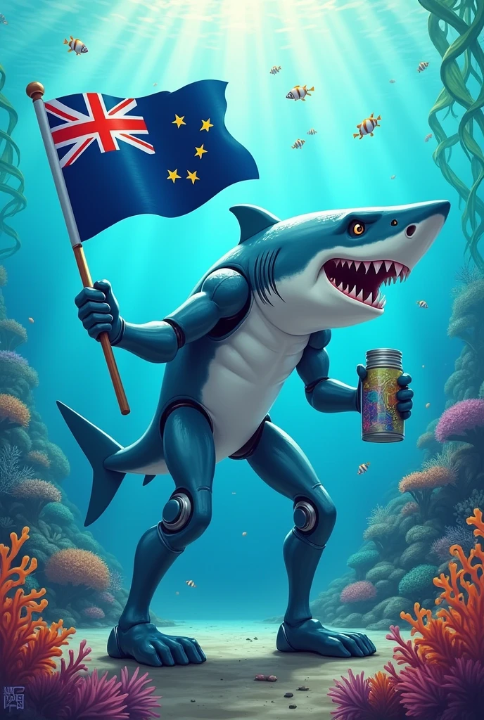 Create a shark as the mascot for the Olympics with legs and arms, collecting garbage from the bottom of the sea and holding a Cook Islands flag