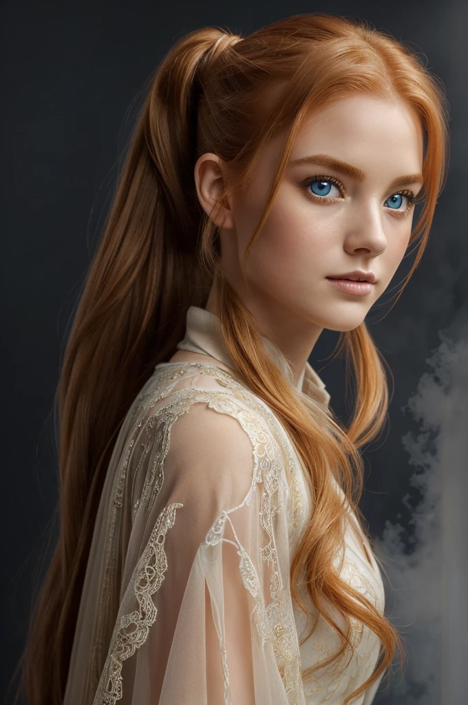 (solo, full body photo:1.3), (action packed:1.3), (haze, fog, mist:1.3), chiaroscuro, best quality, photorealistic, 1woman, (cute), (24yo:1.2), redhead, long ginger hair highly detailed, 1700'S, digital photography, art by artgerm and ruan jia and greg rutkowski surreal painting gold butterfly filigree, broken glass, (masterpiece, sidelighting, finely detailed Fashionable eyes: 1.2) (perfect oval large eyes that gazes at the viewer), beautiful detailed face, blue gorgeous perfect eyes, (blonde hair ponytail), (attractive young woman:1.3), (thick amazing hair), (seductive:1.1), (blushing:1.1)