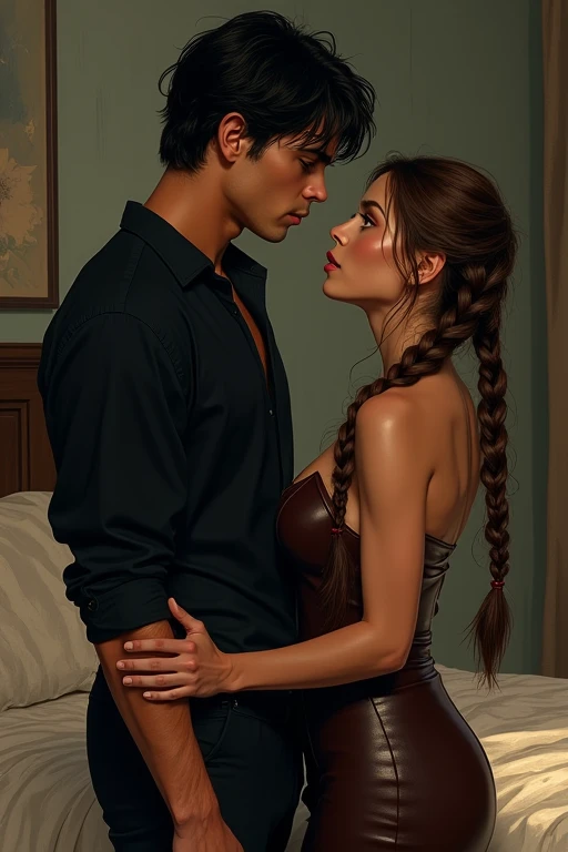 Young adult very attractive man in black shirt with very dark hair and tan skin, in a dark bedroom, next to a young adult woman with light brown braided hair, curvy figure in leather tunic, young man is taller than girl and she is looking up at him, romantic, dark academia, Aaron Warner, digital art style, painterly, comic book, cell shading