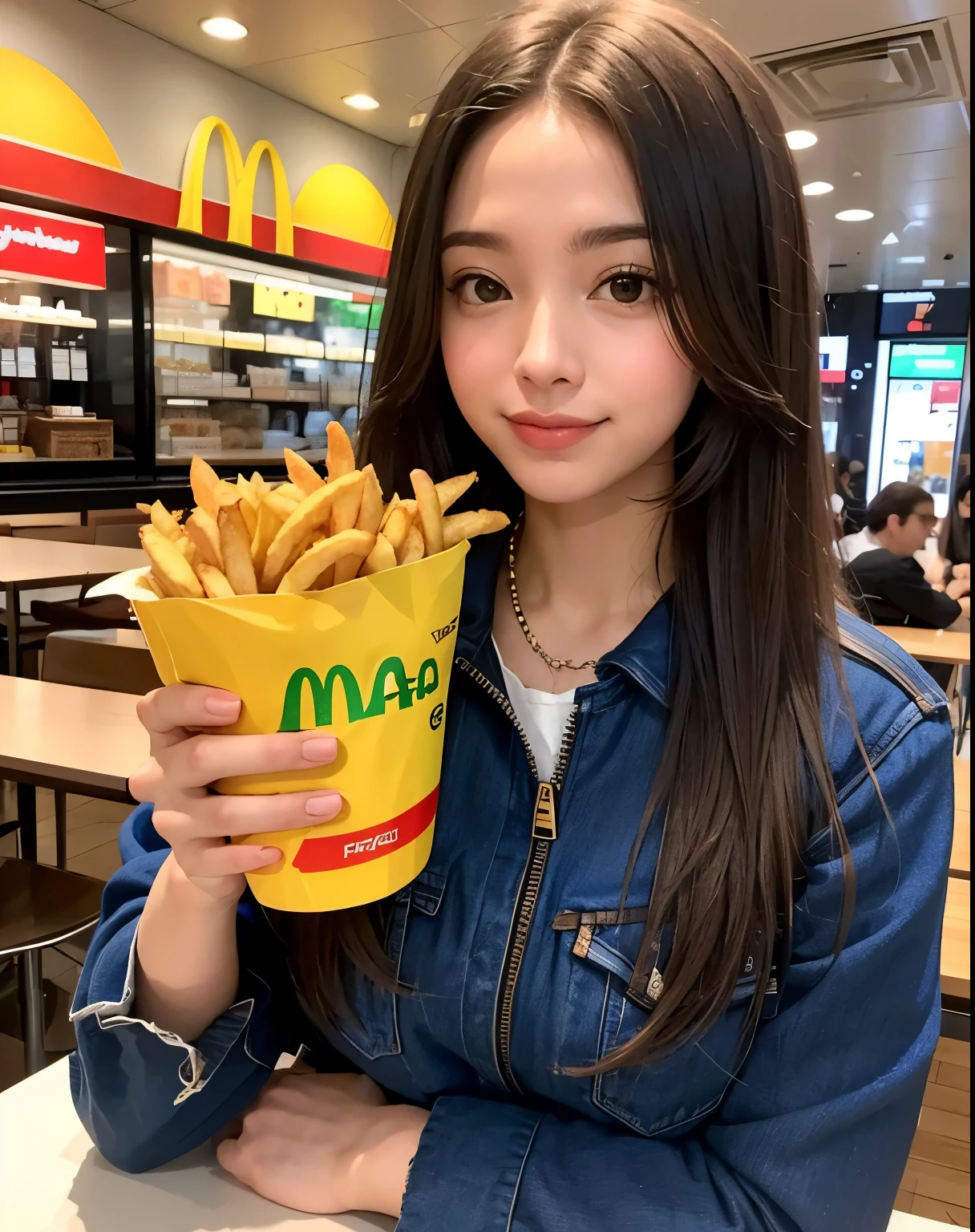 BRAZILIAN AUTHOR CLAYTON DE LA VIE with hair LITERALLY made of french fries. Ele veSte uma jaqueta de COURO vermelha e amarela, na frente dele eStá uma meSa cheia de hambúrguereS, refrigerante e batataS fritaS do McDonald'S