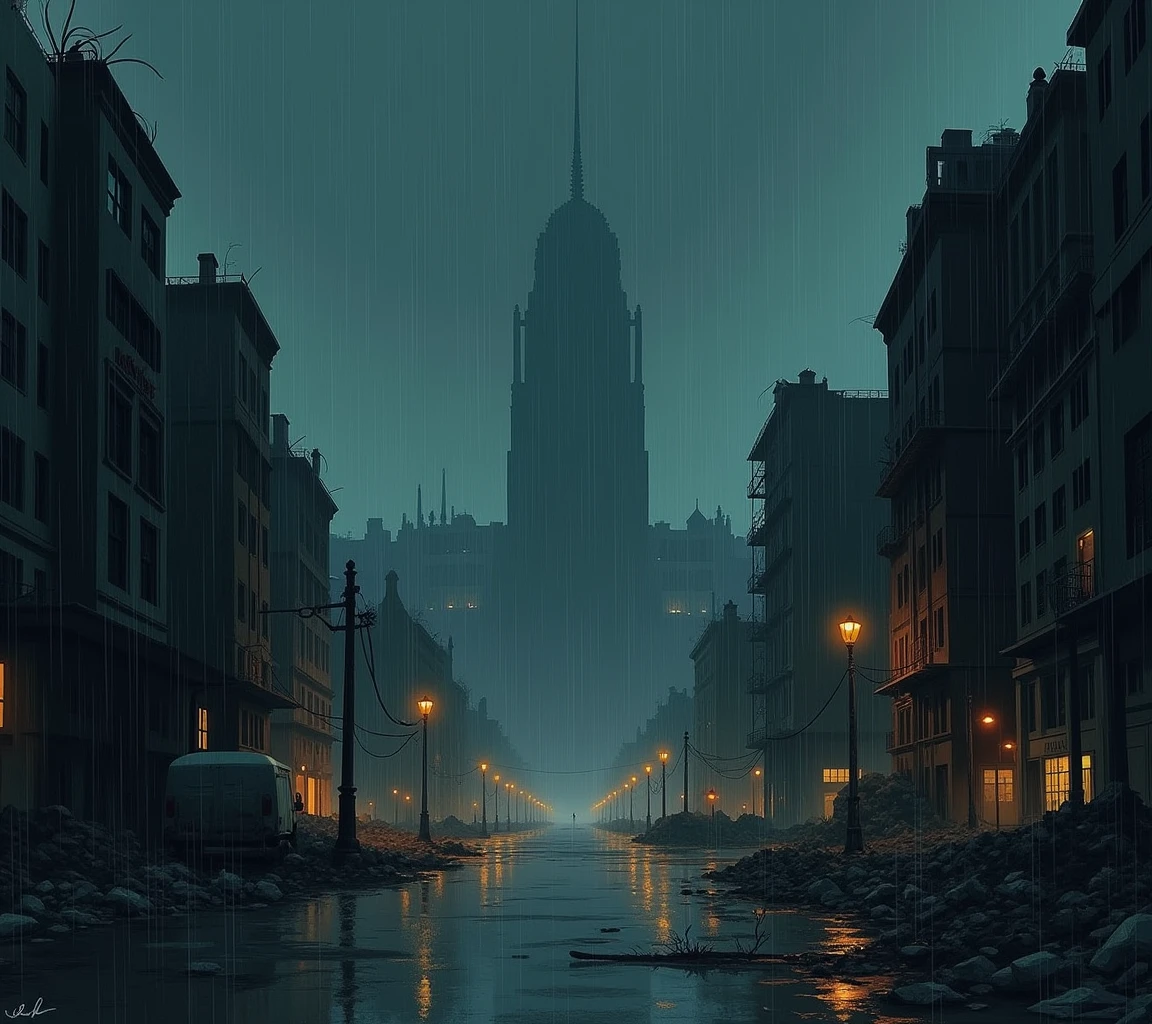 Create an image with more scribbled strokes of a devastated city at night in the center of a rainy square. this city is not technologically advanced, Keep in mind that it takes place in the 20th century