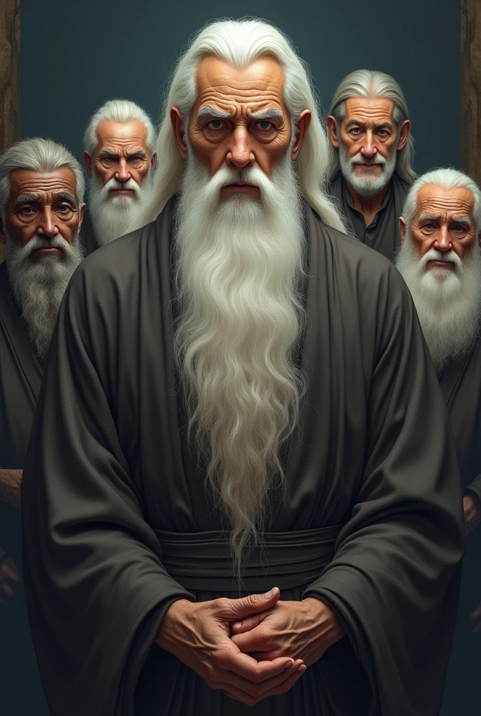 Seven wise elders, representing different ethnicities, are arranged in a harmonious semicircle. Three of these wise men are elderly women, while among men, one is black and the other is Asian. Their serene expressions reflect the deep wisdom acquired throughout their lives. At the center, a man with a mysterious and charming appearance stands out, his long, well-groomed white beard and his face marked by wrinkles that tell stories of vast knowledge. Her clear eyes emanate an almost mystical serenity, as if they were hiding the secrets of the universe. All are dressed in simple robes, mas elegantes, that accentuate its aura of mystery and wisdom. The background is enigmatic, evoking an atmosphere of mystery and depth, suggesting a place where ancestral knowledge is carefully preserved and transmitted.

Remember that there should be seven characters
