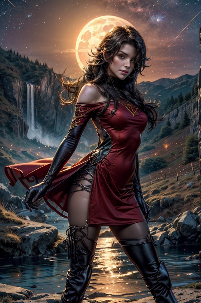 (masterpiece, best quality:1.2), cowboy shot, solo, 1girl, cinder fall, looking at viewer, long hair, red dress, elbow gloves, pantyhose, holding flames, near village, on hillside, mountains in distance, waterfall, crowd, night, stars, moon (volumetric lighting), sharp focus, hyper detailed