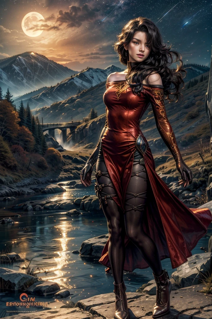 (masterpiece, best quality:1.2), cowboy shot, solo, 1girl, cinder fall, looking at viewer, long hair, red dress, elbow gloves, pantyhose, holding flames, near village, on hillside, mountains in distance, waterfall, crowd, night, stars, moon (volumetric lighting), sharp focus, hyper detailed 