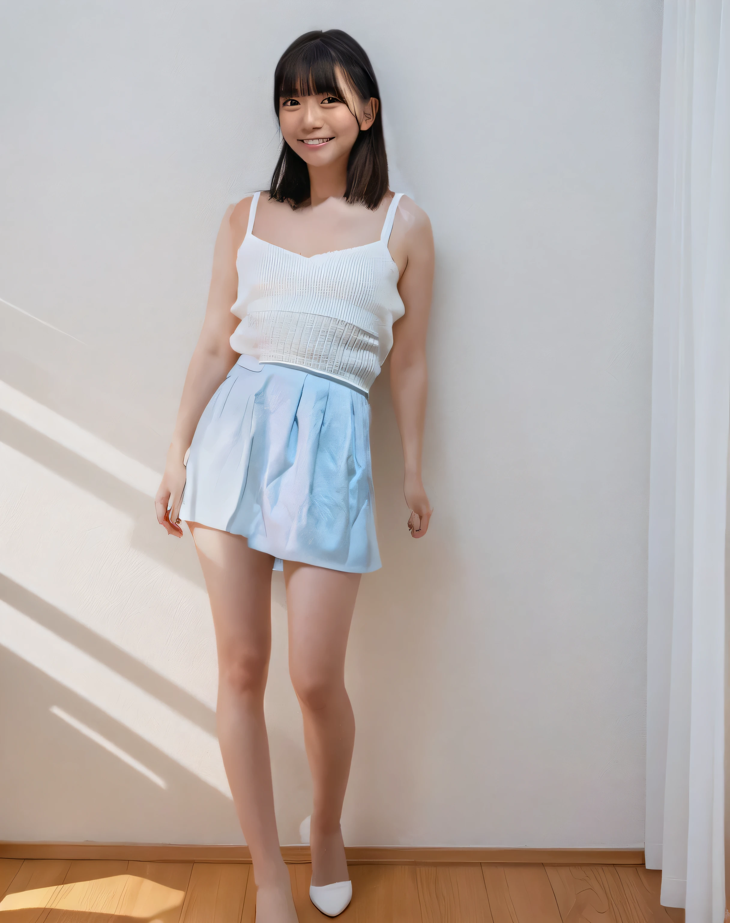 A woman standing in front of a white wall wearing a blue skirt - SeaArt AI