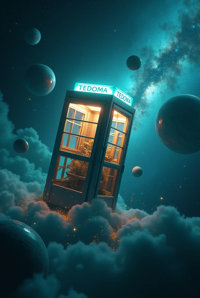 Há uma cabine telefônica flutuando no universe, planetes, Star dust, contrasting colours, yellow, purple, cerulean, poeiras do space, stele, Eye of God, rendered in keyshot, police station, futuristic cabins, cabine no estilo TRON LEGACY, luzes nas cores cerulean e dourada, cabin made of glass, transparent cabins, universe, space sideral, represented as a 3D rendering, 3D rendering beep, space, phone booths, TEDOMA written at the top of the cabin, promotional rendering, sci-fi magic highly detailed.