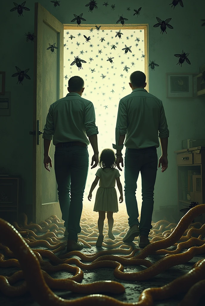 Two men and a girl enter the room and it's full of worms and flies.