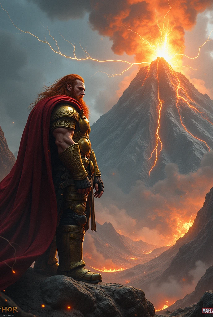 Red-haired and bearded dwarf warrior, fatter, with golden armor. Facing Thor, God of Norse Mythology, in the background a flaming mountain, with the volcano, lightning crossing the sky