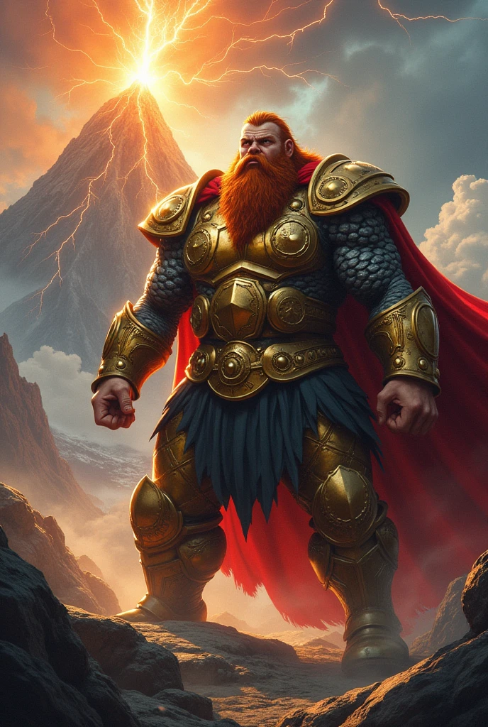 Red-haired and bearded dwarf warrior, fatter, with golden armor. Facing Thor, God of Norse Mythology, in the background a flaming mountain, with the volcano, lightning crossing the sky